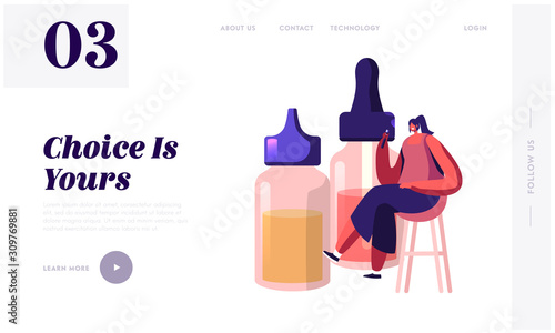 Bad Habit, Vaping Activity Website Landing Page. Young Woman Sitting at Stool near Huge Bottles with Liquids for E-Cigs Enjoying Vape Smoking in Bar Web Page Banner. Cartoon Flat Vector Illustration