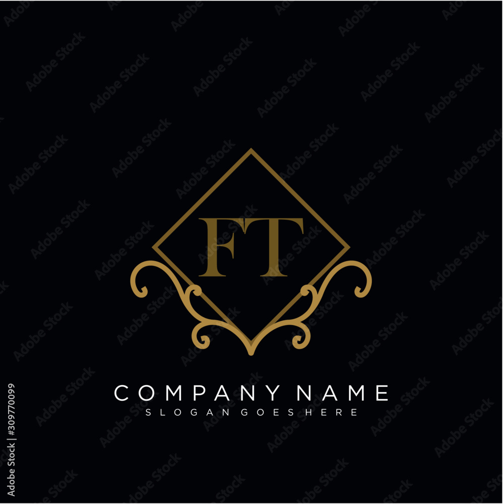 Initial letter FT logo luxury vector mark, gold color elegant classical