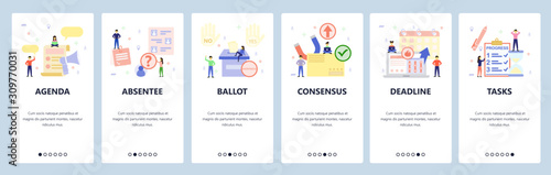 Mobile app onboarding screens. Yes and No hand gesture, ballot, project deadline, to do list. Menu vector banner template for website and mobile development. Web site design flat illustration