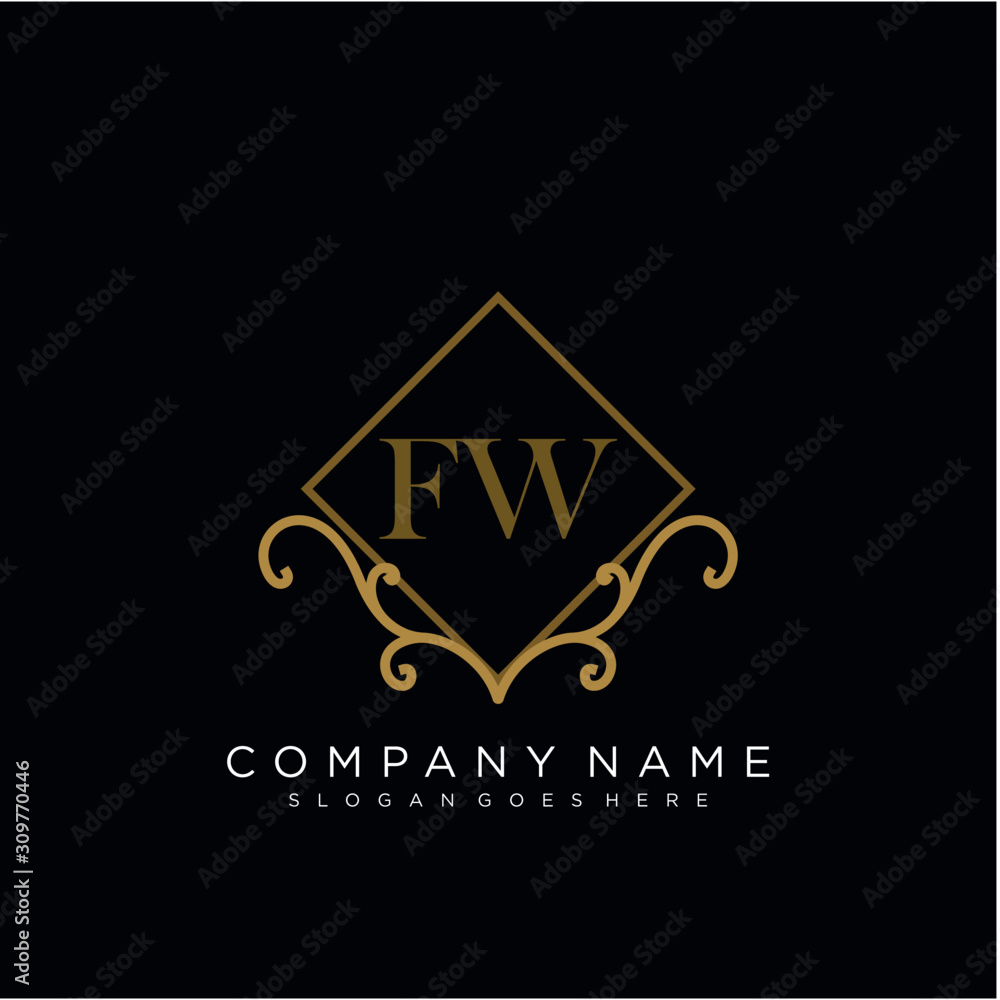 Initial letter FW logo luxury vector mark, gold color elegant classical