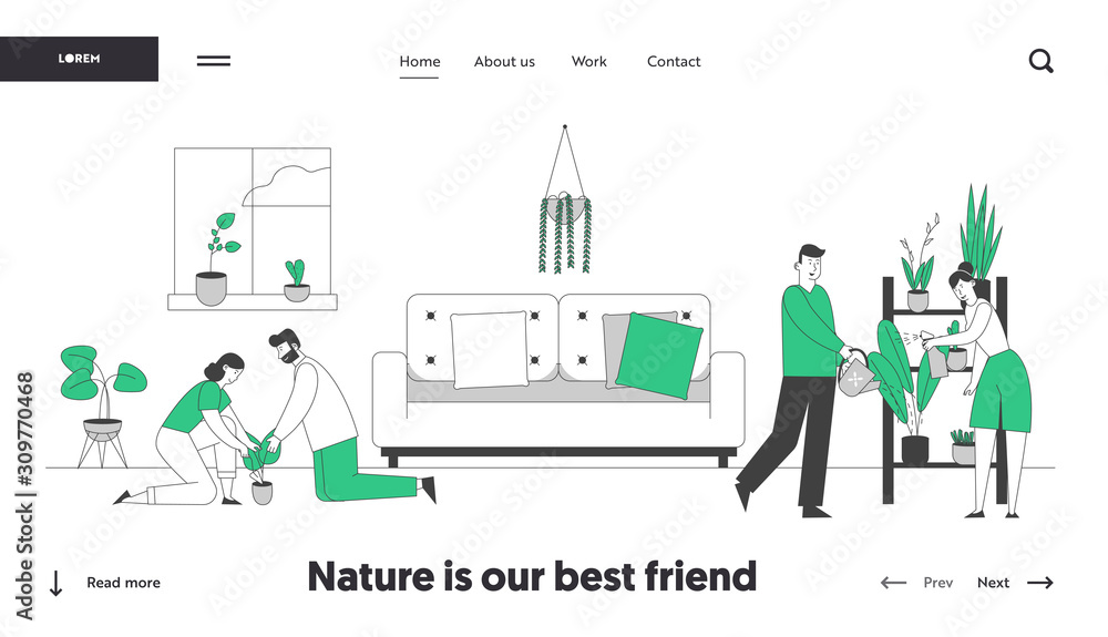People Gardening at Home Website Landing Page. Happy Family Couple Homework with Plants Caring of Flowers, Removing to Pot, Watering from Can Web Page Banner Cartoon Flat Vector Illustration, Line Art