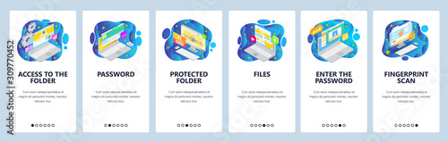 Mobile app onboarding screens. Files secure access, cyber security, account login, password, fingerprint scan. Vector banner template for website and mobile development. Web site design illustration