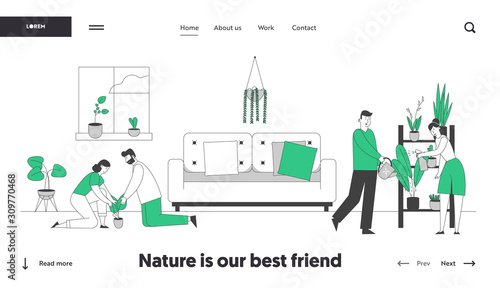 People Gardening at Home Website Landing Page. Happy Family Couple Homework with Plants Caring of Flowers, Removing to Pot, Watering from Can Web Page Banner Cartoon Flat Vector Illustration, Line Art