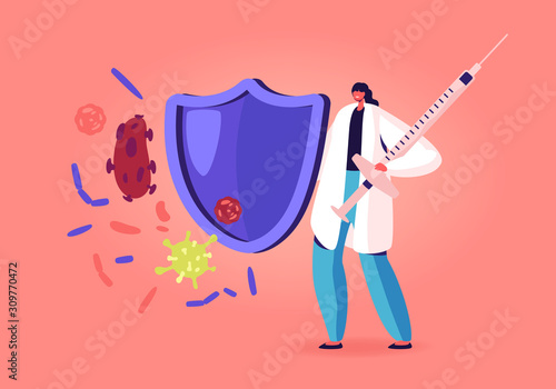 Medical Vaccination Concept. Female Doctor Holding Shield and Syringe for Vaccine Dose Shot Protecting from Viruses. Drug for Treating Illness Health Care Immunization Cartoon Flat Vector Illustration
