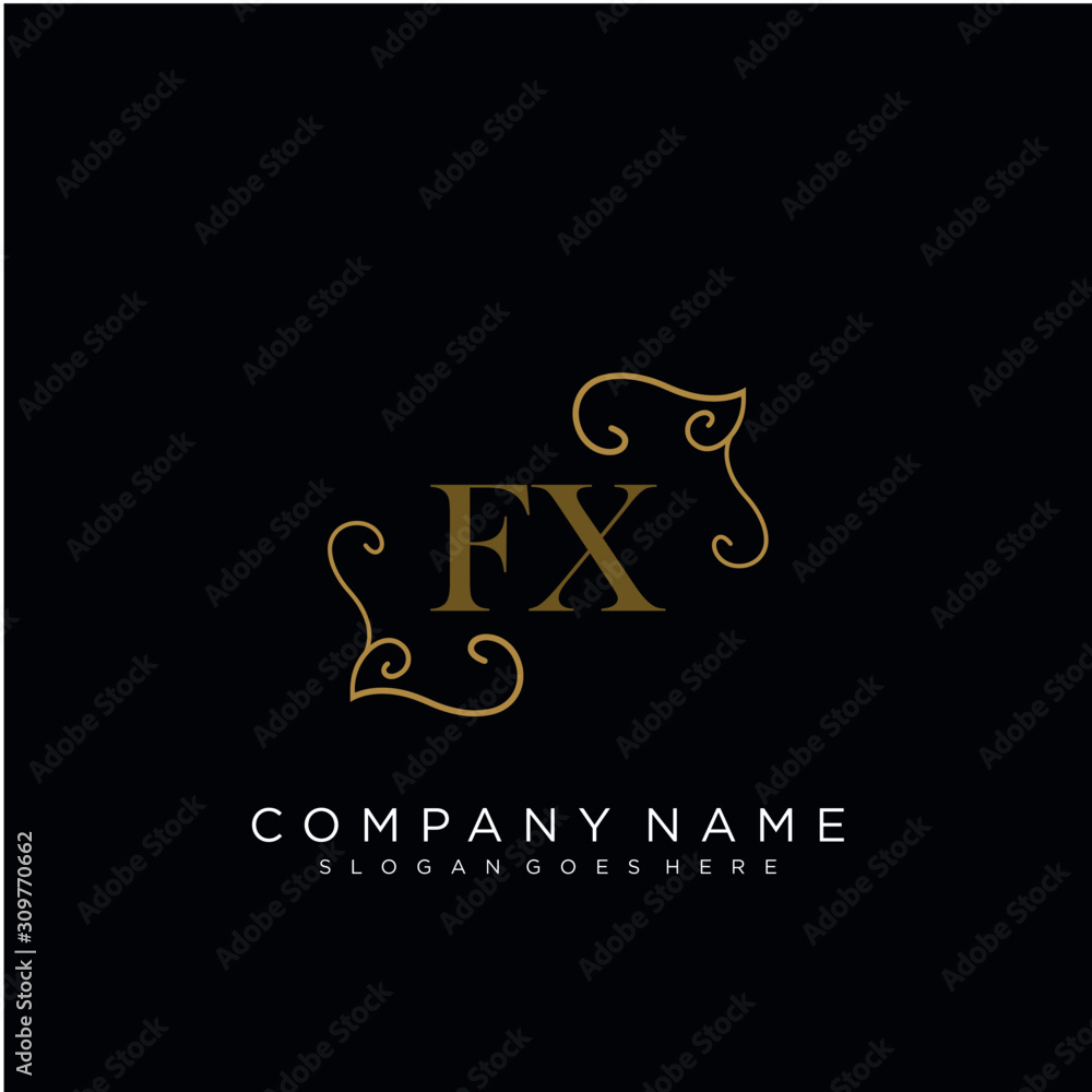 Initial letter FX logo luxury vector mark, gold color elegant classical