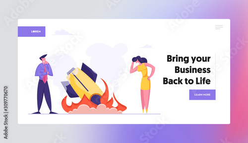 Startup Crash, Business Failure Website Landing Page. Business Man and Woman Stand at Fallen Rocket Trying to Realize Mistake in Business Strategy Web Page Banner. Cartoon Flat Vector Illustration