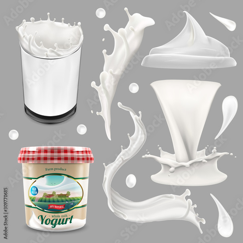 Whole milk, yogurt and cream big splash set, pouring and splashing 3d vector realistic illustration, diary beverage product design elements, packaging, milk carton, bottle