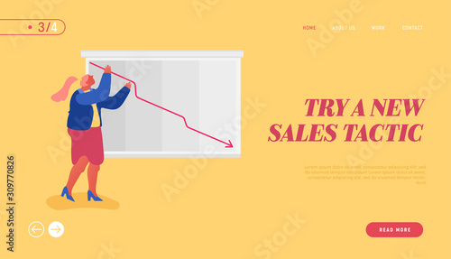 Economy Crisis Statistics Website Landing Page. Businesswoman Loss Investment Income. Stressed Manager Watching at Declining Arrow Diagram on Screen Web Page Banner. Cartoon Flat Vector Illustration