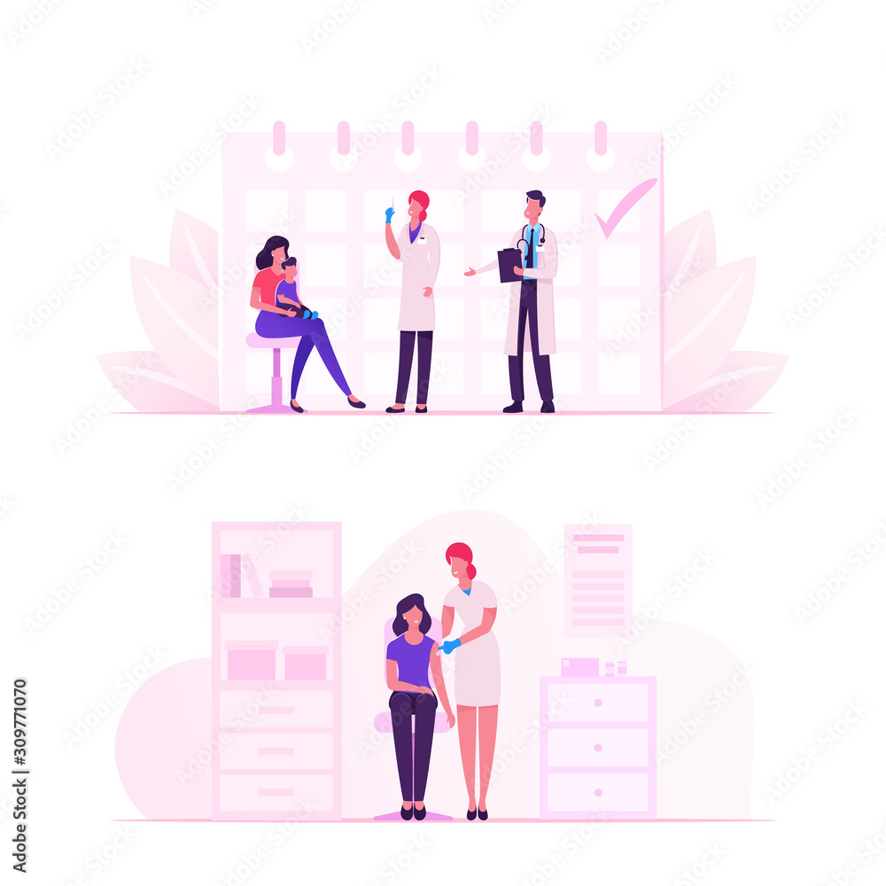 People Getting Vaccine against Virus. Adult Woman Sitting in Hospital, Doctor Put Injection with Medicine to her Shoulder. Mother with Little Child Waiting Vaccination Cartoon Flat Vector Illustration People Getting Vaccine against Virus. Adult Woman Sitting in Hospital, Doctor Put Injection with Medicine to her Shoulder. Mother with Little Child Waiting Vaccination Cartoon Flat Vector Illustration