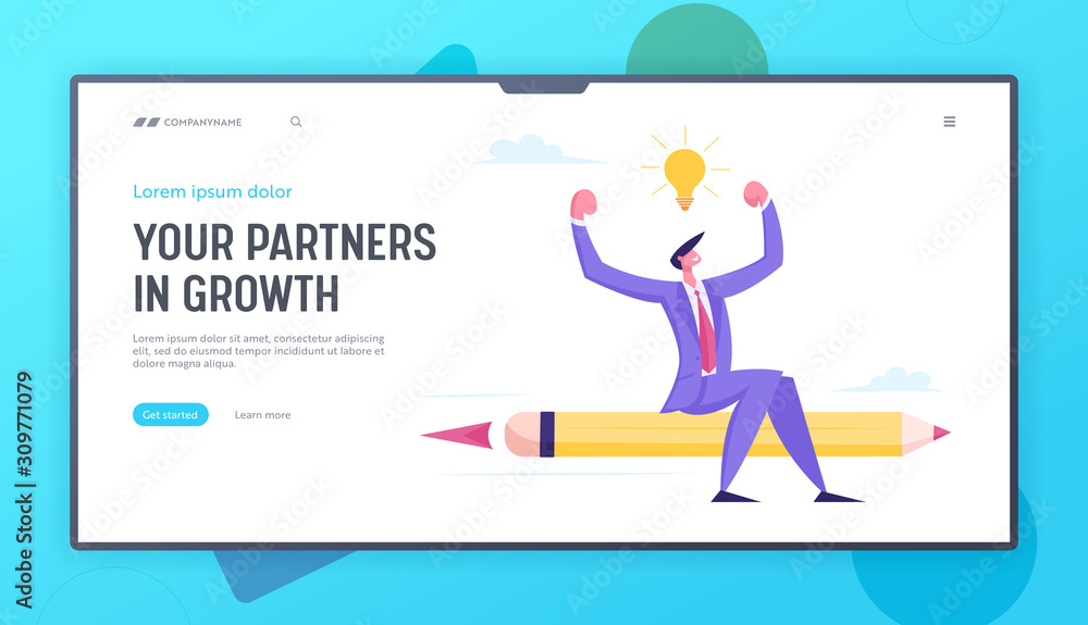 Business Competition, Creative Idea, Challenge Website Landing Page. Businessman with Light Bulb Flying on Pencil Rocket Engine Racing to Success Web Page Banner. Cartoon Flat Vector Illustration
