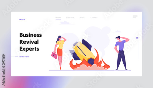 Startup Rocket Crash Website Landing Page. Management Mistakes and Problems, First Bad Experience of Workers. Businesspeople Shocked about Failure Web Page Banner. Cartoon Flat Vector Illustration