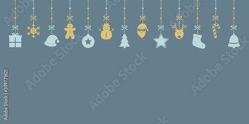 Xmas elements hanging on blue background with copyspace. Christmas decoration. Vector