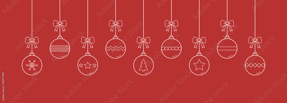 Naklejka premium Hanging Christmas balls. Banner with ornaments. Vector illustration