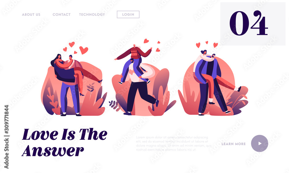 Fototapeta premium Happy Loving Couples Outdoors Sparetime Website Landing Page. Cheerful Men Holding Women on Hands and Riding on Back. Love, Romantic Relations Fun Web Page Banner. Cartoon Flat Vector Illustration