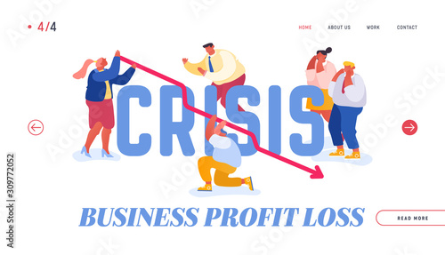 Falling Down Graph. Financial Fail, Economy Crisis Website Landing Page. Businesspeople Frustrated about Arrow Diagram Going Down. Investment Risk Web Page Banner. Cartoon Flat Vector Illustration