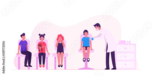Doctor Put Vaccine Injection with Syringe to Kids. Children Get Vaccination from Flu or Polio Influenza Disease. Ill Prevention People Checkup Vaccinate, Healthcare Cartoon Flat Vector Illustration