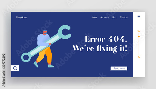Technical Support Service Website Landing Page. Programmer Holding Wrench in Hands Working on Fixing Bugs in Software. Tech Problems Clients Help Web Page Banner. Cartoon Flat Vector Illustration