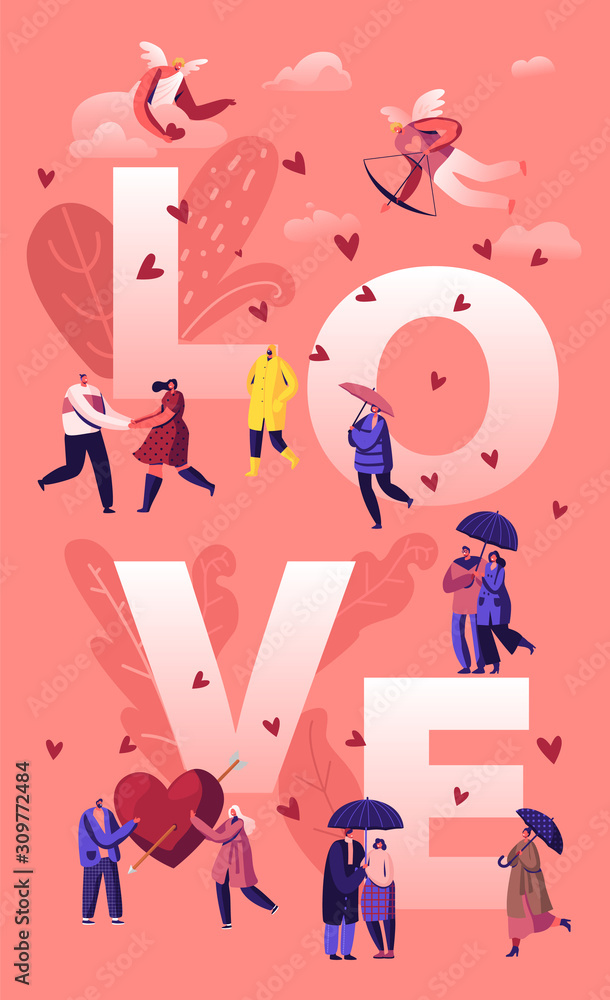 Love and Loving Relations Concept. Cheerful Men and Women Spend Time Together Holding Hands and Rejoice with Cupids Shooting to Hearts Poster Banner Flyer Brochure. Cartoon Flat Vector Illustration