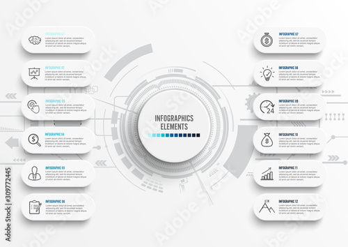 Vector infographic template with 3D paper label, integrated circles. Business concept with 12 options. For content, diagram, flowchart, steps, parts, timeline infographics, workflow, chart.