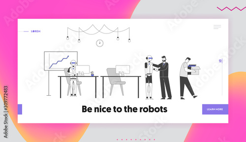 Human Vs Robot Website Landing Page. Boss Shaking Hand to Cyborg Taken in Office to Do Job instead of People Workers. Artificial Intelligence Web Page Banner. Cartoon Flat Vector Illustration Line Art