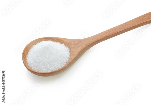 sugar with wooden spoon isolated on white background.