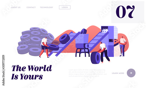 Car Wheel Rubbish Recycling Website Landing Page. Men Put Used Automotive Tires on Conveyor Belt to Grind on Small Pieces for Making Rubber Products Web Page Banner. Cartoon Flat Vector Illustration