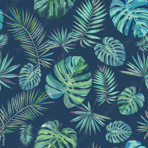 Seamless pattern. Palm leaves and monstera on a dark background. Watercolor drawing. For design, textile, Wallpaper, fabric, illustration, design, scrapbooking.