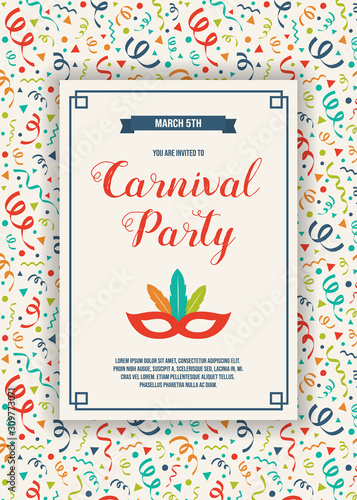 Concept of Carnival Party invitation with colorful background with serpentines. Vector