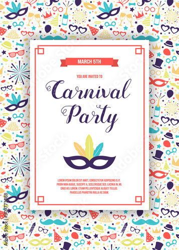 Multicolored Carnaval Party invitation card with colorful elements. Vector