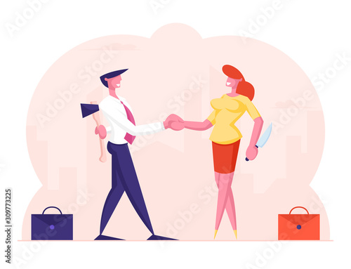 Betrayal Concept. Businessman and Businesswoman Shaking Hands and Smiling to Each Other while Hiding Ax and Knife Behind of Back. Meanness Falsehood Trickery People. Cartoon Flat Vector Illustration