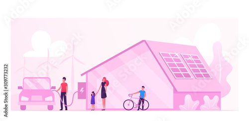 Eco House, Renewable Energy and Environment Protection Concept. Futuristic Technologies for Home. Solar Panelson Building Roof, Man Charging Electric Car in Yard. Cartoon Flat Vector Illustration © Sergii Pavlovskyi