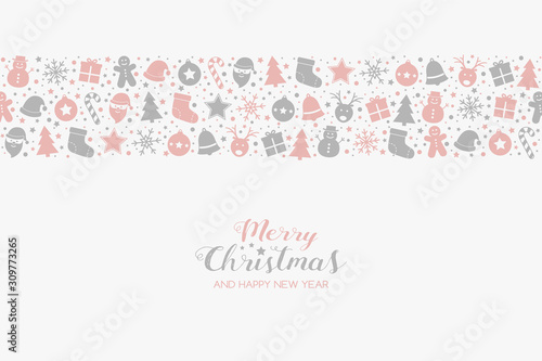 Beautiful Christmas greeting card with Xmas icons and text. Vector