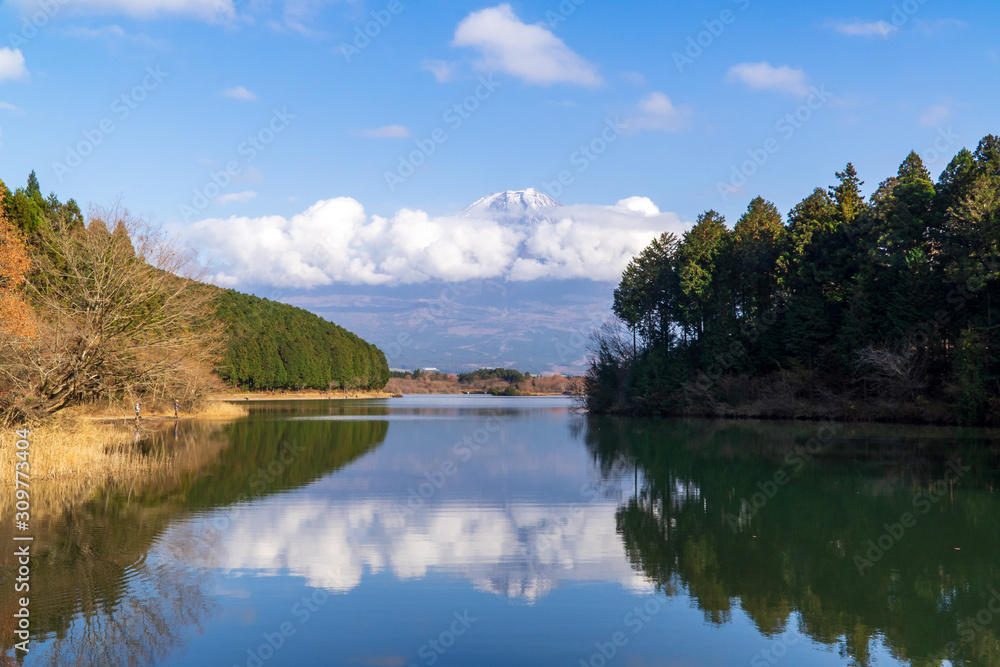 Reflection of the mount Fuji in he lake Tanuki, in winter