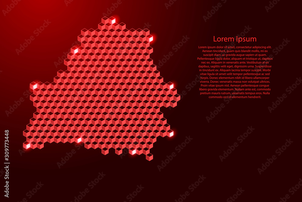 Belarus map from 3D red cubes isometric abstract concept, square pattern, angular geometric shape, for banner, poster. Vector illustration.