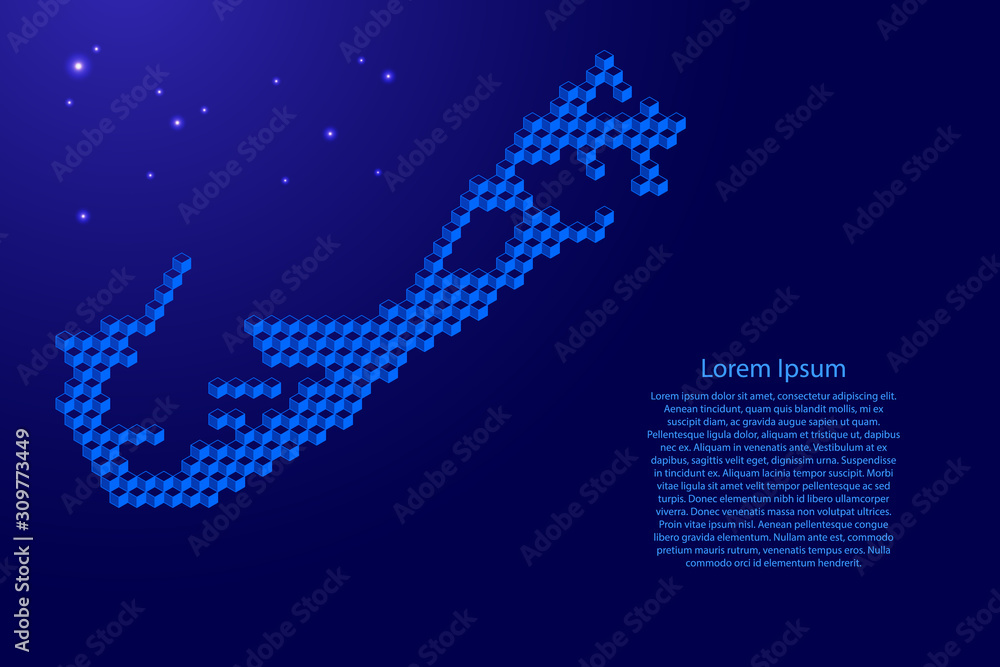Bermuda map from 3D classic blue color cubes isometric abstract concept, square pattern, angular geometric shape, glowing stars. Vector illustration.