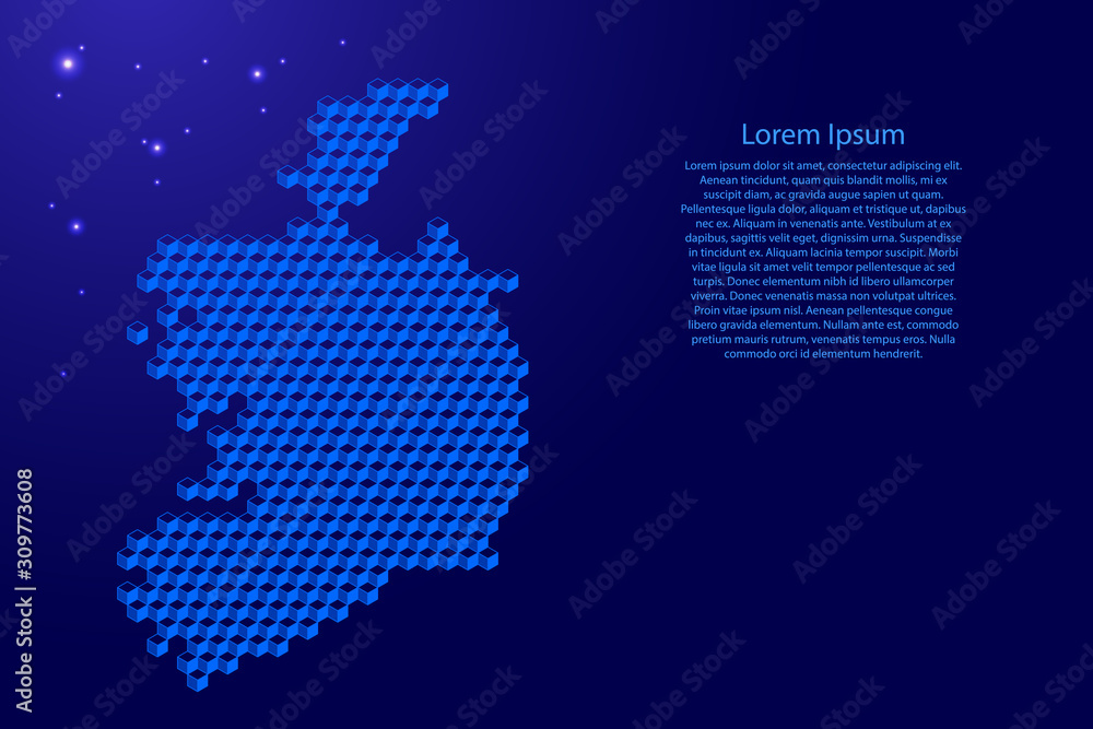 Ireland map from 3D blue cubes isometric abstract concept, square pattern, angular geometric shape, glowing stars. Vector illustration.