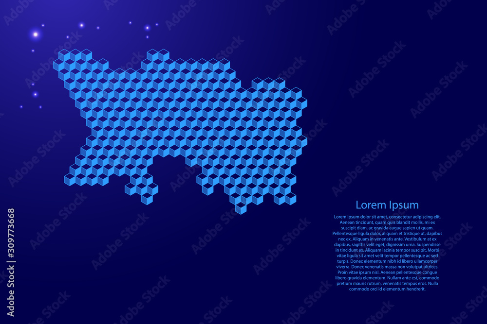 Jersey channel island map from 3D classic blue color cubes isometric abstract concept, square pattern, angular geometric shape, glowing stars. Vector illustration.