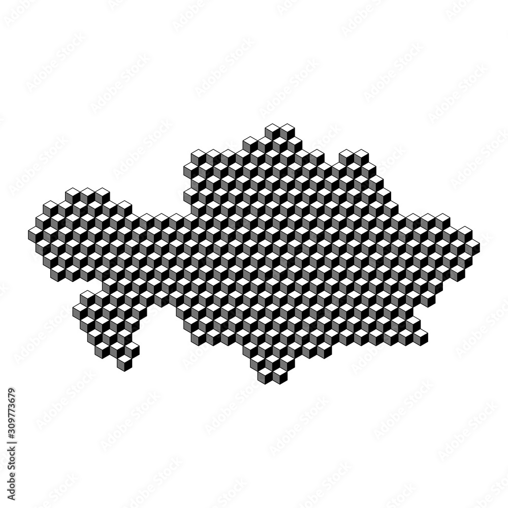 Kazakhstan map from 3D black cubes isometric abstract concept, square pattern, angular geometric shape. Vector illustration.