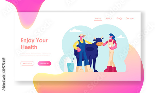 Milk and Dairy Agriculture Products Website Landing Page. Milkmaid and Farmer Stand near Cow with Bottle and Bucket. Ranchers Working on Animal Farm Web Page Banner. Cartoon Flat Vector Illustration