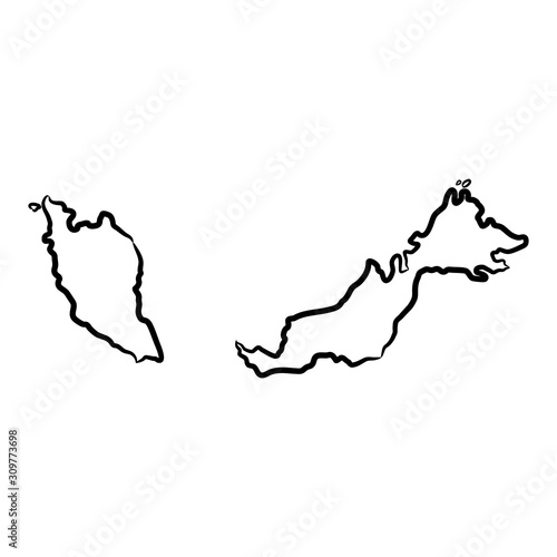 Malaysia map from the contour black brush lines different thickness on white background. Vector illustration.