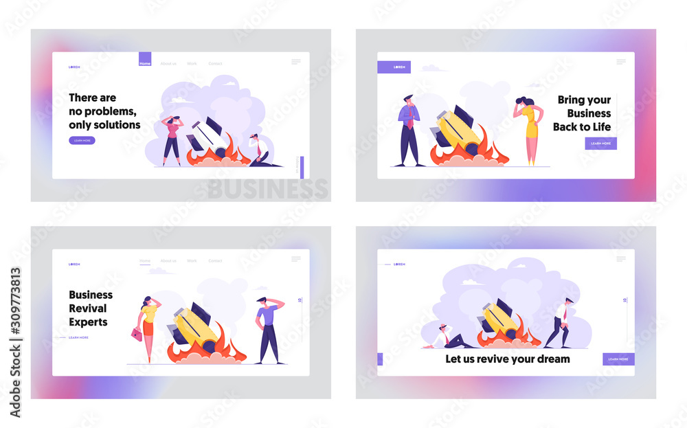 Unplanned Business Loss and Fail Website Landing Page Set. Management Failed to Achieve Profit. Businesspeople Looking on Rocket Spaceship Fall Down Web Page Banner. Cartoon Flat Vector Illustration