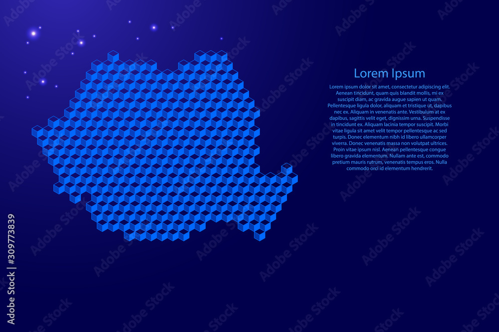 Romania map from 3D blue cubes isometric abstract concept, square pattern, angular geometric shape, glowing stars. Vector illustration.
