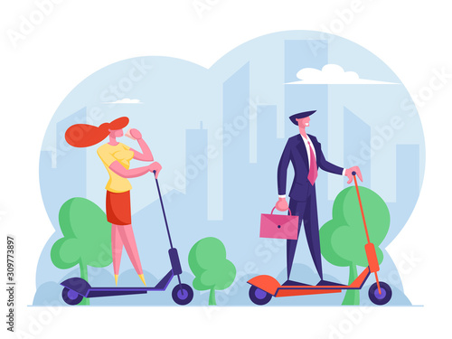 Young Business Woman in Casual Stylish Dress Drinking Coffee and Handsome Man in Formal Clothing Riding Electric Scooter to Work in City Megapolis. Dwellers Lifestyle Cartoon Flat Vector Illustration