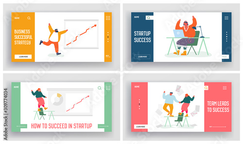 Businesspeople Celebrate Financial Breakthrough and Business Success Website Landing Page Set. Happy Managers Rejoice for Successful Startup Launch Web Page Banner. Cartoon Flat Vector Illustration