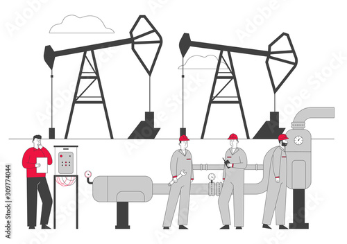 Gas Industry Concept with Male Characters Working on Pipeline. Engineer Control Pipe, Workers in Uniform and Hardhats Holding Instruments on Production Line. Cartoon Flat Vector Illustration, Line Art
