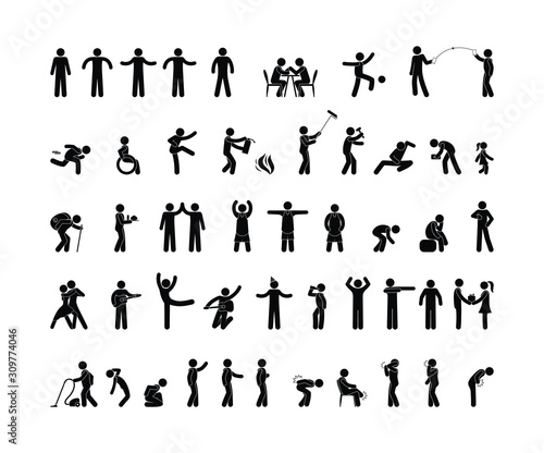 people pictogram in various poses, stick figure man isolated silhouette, human symbol icon