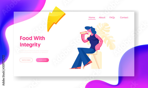 Young Woman Visiting Fastfood Restaurant Website Landing Page. Female Character Sitting on Chair in Fast Food Cafe Eating Hotdog. Meal Time Break Web Page Banner. Cartoon Flat Vector Illustration