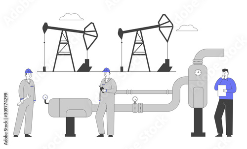 Gasmen and Engineer Stand near Gas Facility Station at Plant. Workers Men in Uniform with Equipment Work in Gas Industry. Technician Maintenance Service Cartoon Flat Vector Illustration, Line Art