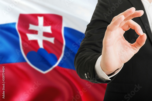 Slovakia acceptance concept. Elegant businessman is showing ok sign with hand on national flag background.
