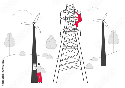 Electrician Workers with Tools and Equipment Electric Transmission Tower Maintenance . Energy Station Powerline in City. Telephone or Electricity Line Poles. Cartoon Flat Vector Illustration, Line Art